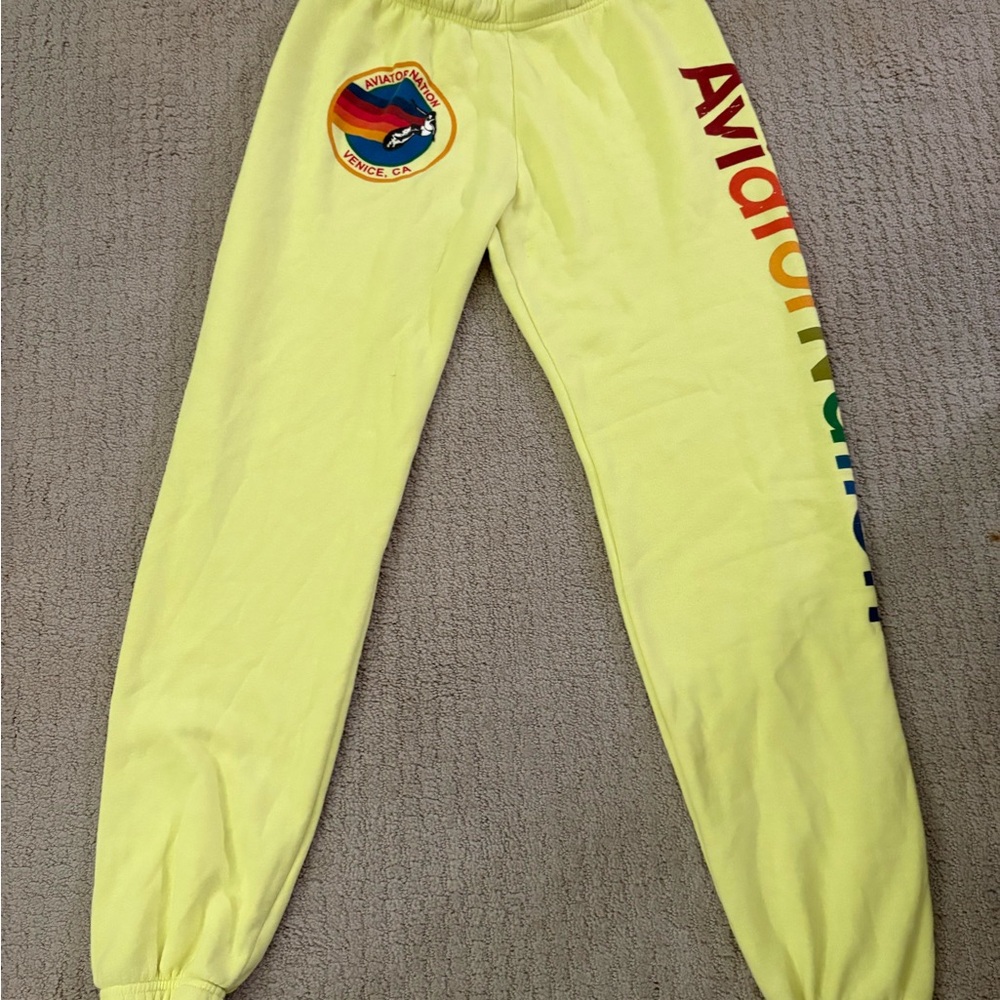 Aviator Nation Yellow Sweatpants with Rainbow Logo